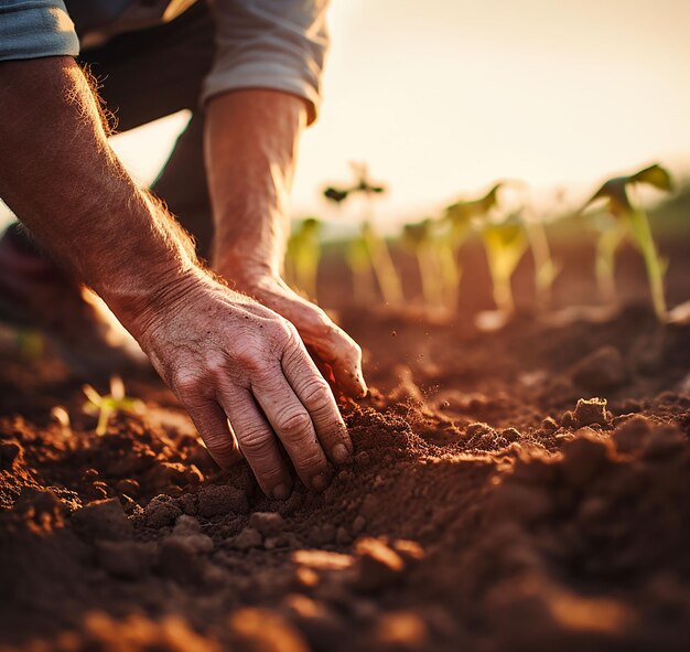 Mão de um agricultor perito a semear sementes de legumes e leguminosas em solo solto num viveiro