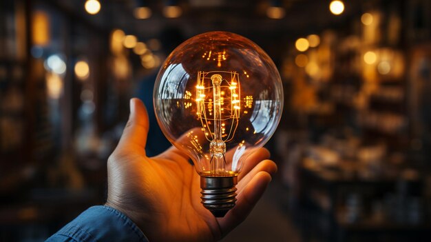 Foto mão de um empresário segurando uma lâmpada em um escritório escuro conceito de inovação e inspiração