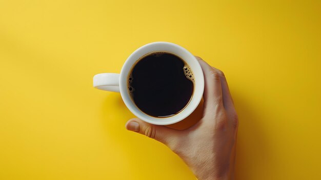 Foto mão de um homem segurando uma xícara branca com café preto quente em fundo amarelo com co-ai generativa