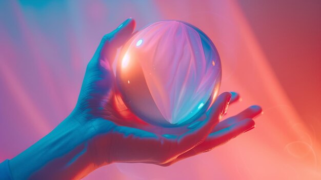 Mão de uma jovem segurando uma esfera de vidro ou cristal transparente