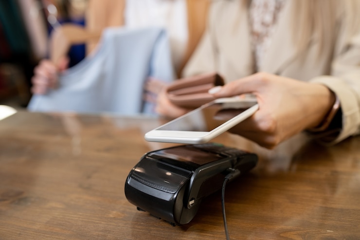 Foto mão de uma jovem shopaholic segurando o smartphone sobre a máquina de pagamento no balcão enquanto compra roupas novas na boutique