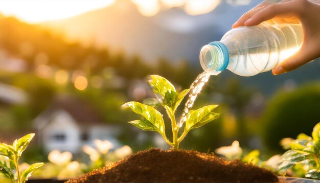 mão de uma menina com uma garrafa regando uma planta em um dia quente e ensolarado com espaço de cópia