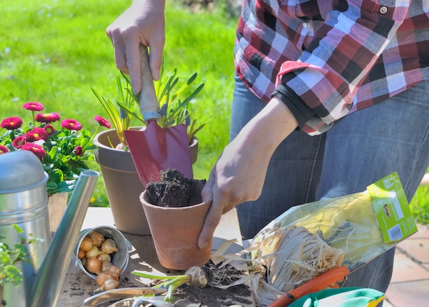 Mão de uma mulher com ferramentas em seu jardim frente de uma mesa com acessórios de jardinagem