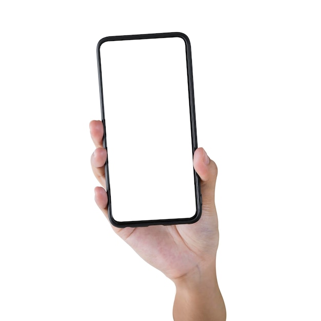 Mão de uma mulher segurando o caminho de recorte isolado do telefone dentro da mão Closeup segurando um novo smartphone