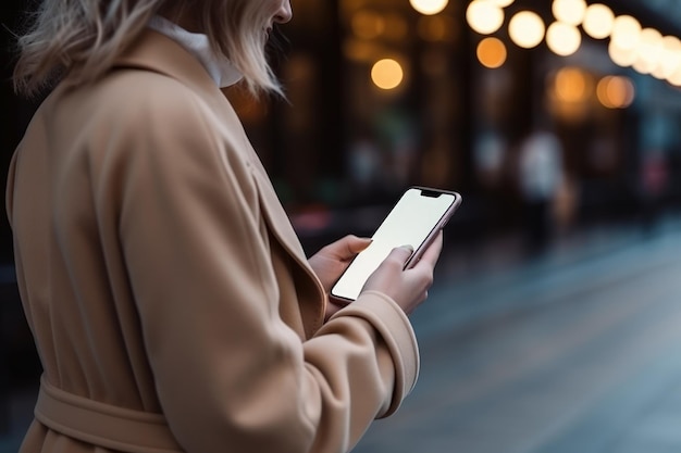 Mão de uma mulher segurando o smartphone no conceito de comunicação de tecnologia de fundo de trem ou cidade