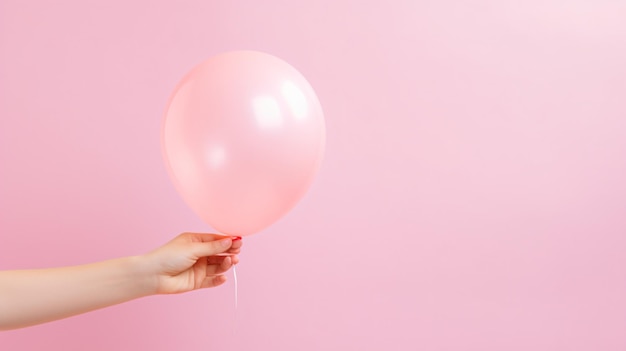 Mão de uma mulher segurando um balão rosa contra pastel