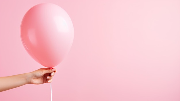 mão de uma mulher segurando um balão rosa contra um fundo pastel