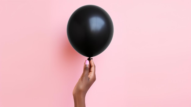 mão de uma mulher segurando um balão rosa contra um fundo pastel