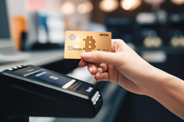 Foto mão de uma mulher segurando um cartão de crédito bitcoin de ouro para pagar em um dataphone ia geradora