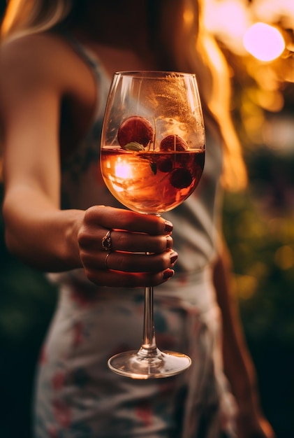 Mão de uma mulher segurando um copo de vinho no pôr do sol Generative AI