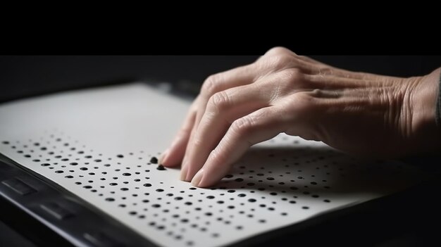 Mão de uma pessoa cega lendo algum texto em braille tocando o relevo ai generativo