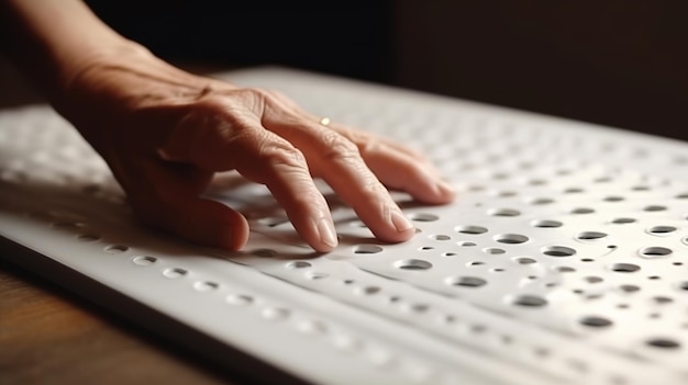 Foto mão de uma pessoa cega lendo algum texto em braille tocando o relevo ai generativo
