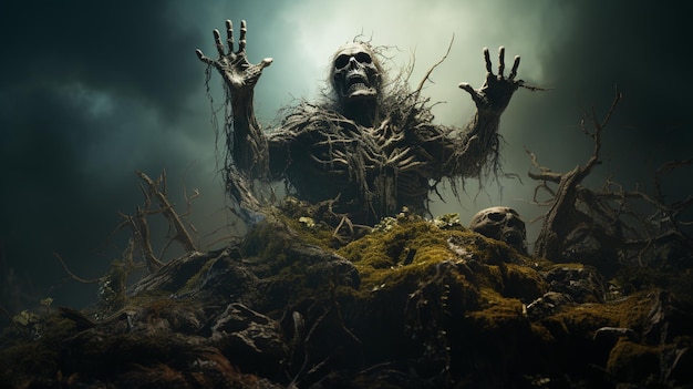 Foto mão de zombie saindo de um túmulo em uma noite assustadora conceito de halloween