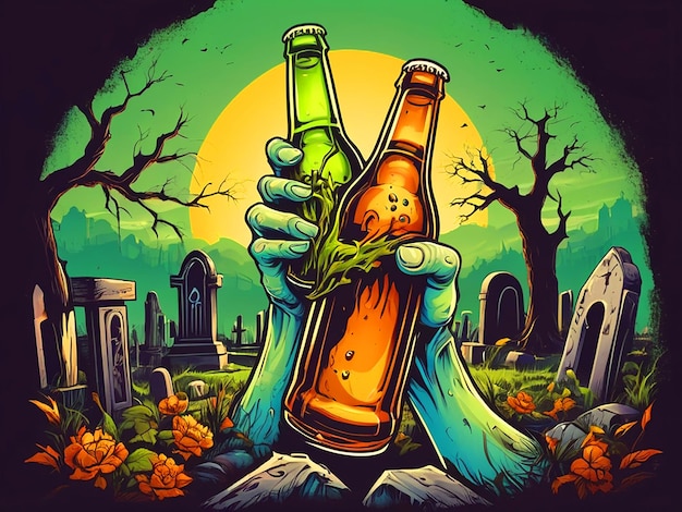 Mão de zumbi com garrafa de cerveja no cemitério em design de camiseta vintage