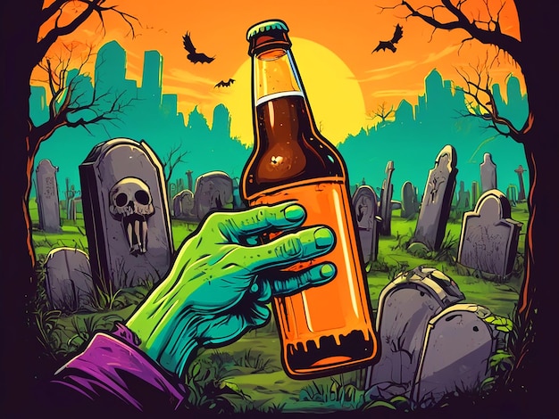 Mão de zumbi com garrafa de cerveja no cemitério em design de camiseta vintage