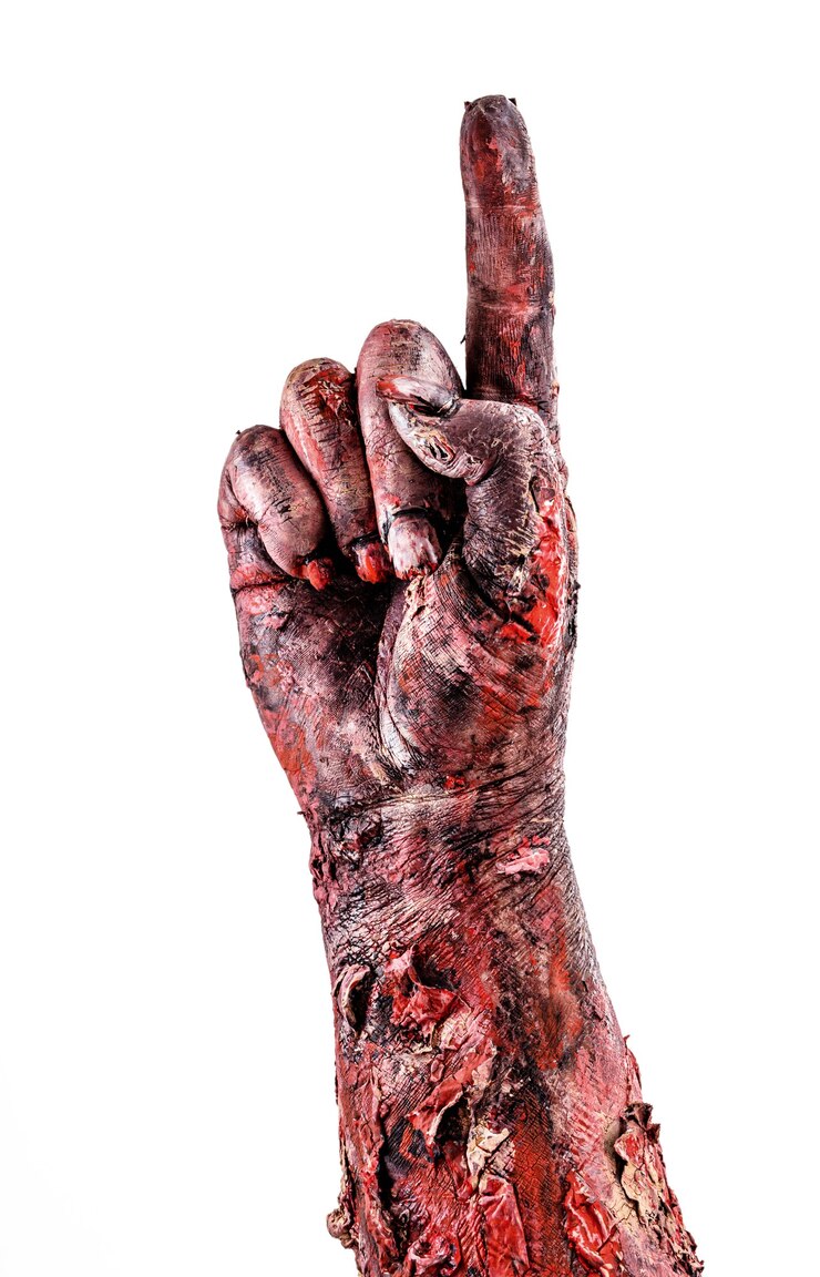 Foto mão de zumbi fazendo o número um, ok, contagem regressiva. mão de halloween, superfície branca isolada.