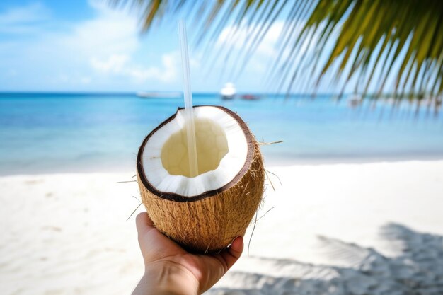 Foto mão derrubando palha de coco gelada inserida na praia ao fundo