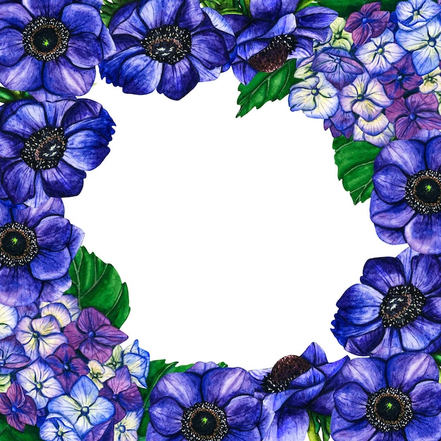 Mão desenhada aquarela flores anêmona violeta e hortênsia em fundo branco ilustração botânica floral primavera isolada para cartões de saudação convite de casamento aniversário e cartões de dia das mães