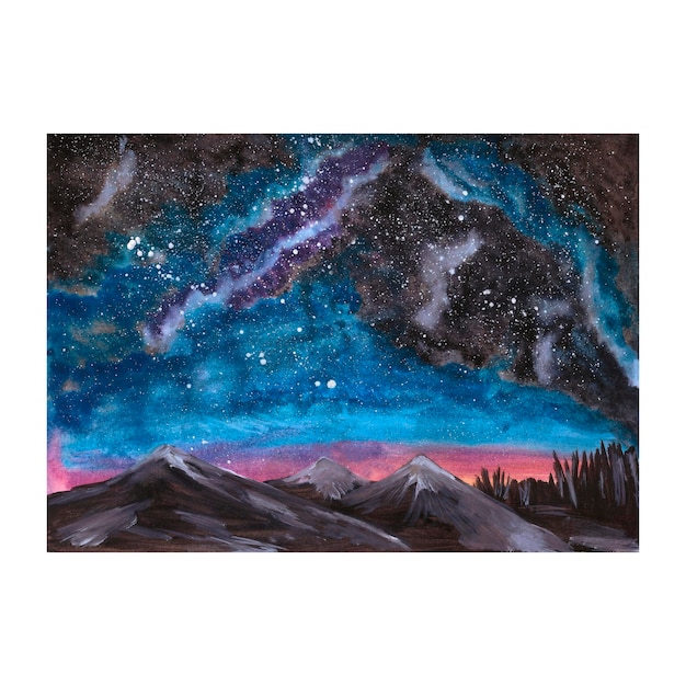 Mão desenhada aquarela ilustração de noite estrelada e montanhas Fundo de noite estrelada Rótulo de banner de cartão postal Scrapbook