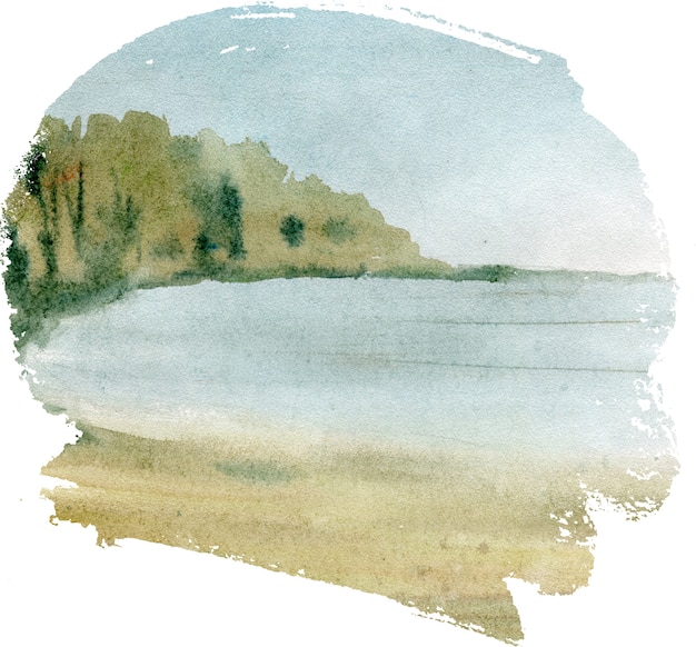 Mão desenhada aquarela paisagem com lago na floresta.