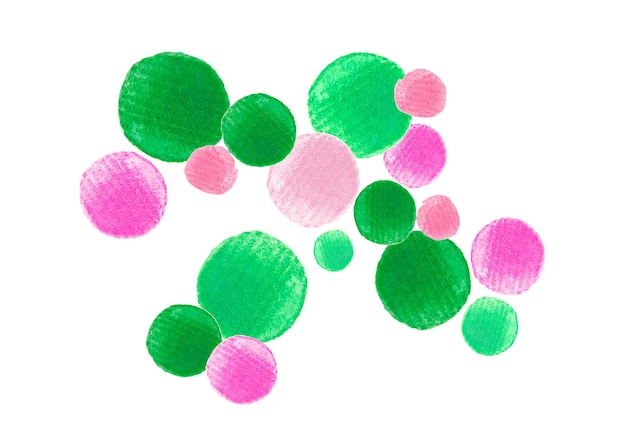 Mão desenhada aquarela verde e rosa figura abstrata de círculos isolados em branco