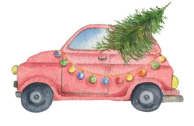 Foto mão desenhada carro vermelho com abeto de natal e guirlanda em aquarela isolado no fundo branco perfeito ...