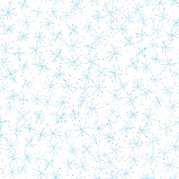 Foto mão desenhada flocos de neve azuis sem costura padrão de natal. flocos de neve voando sutis sobre fundo branco. sobreposição de neve handdrawn de giz criativo. decoração divertida da temporada de férias.