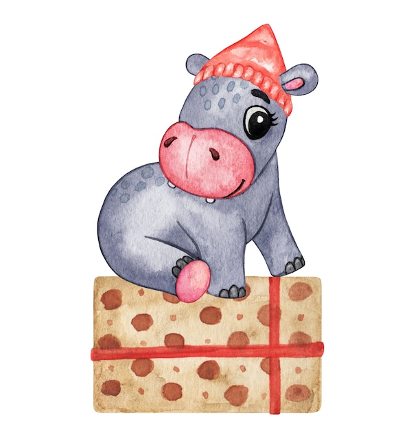 Mão desenhada ilustração de hipopótamo em aquarela, conjunto de feliz Natal, animais fofos com chapéu de Natal