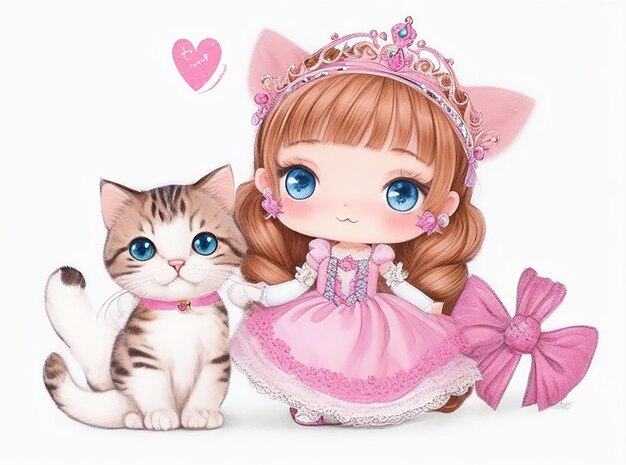 Mão desenhada personagem pequena princesa e gatinho