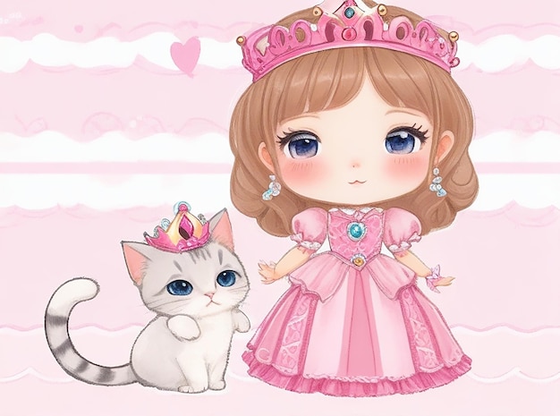 Foto mão desenhada personagem pequena princesa e gatinho