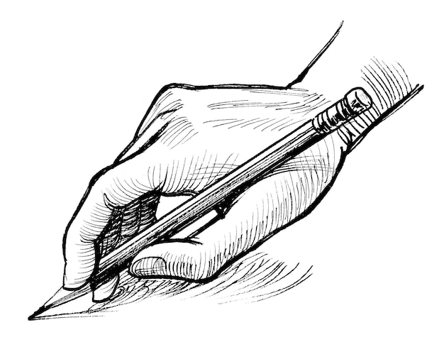 Mão desenhando com um lápis. Desenho de tinta preto e branco