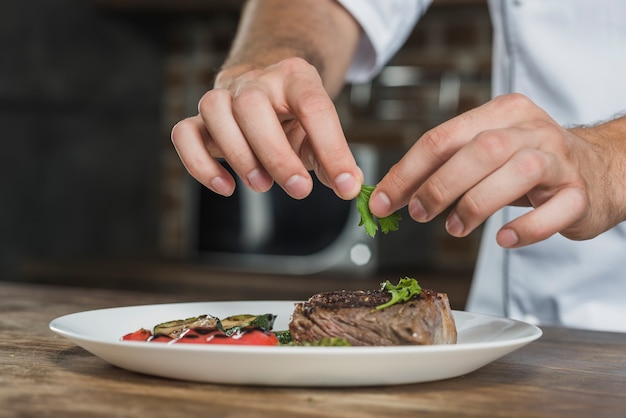 Mão do chef masculino garnishing o coentro na carne assada preparado