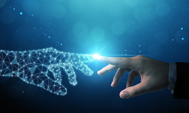 Foto mão do empresário tocando a mão de inteligência artificial, o que significa que a conexão da tecnologia vai para o futuro