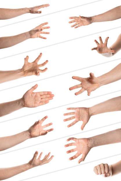 Mão do homem com os vários gestos isolado no fundo branco colagem de fotos definidas
