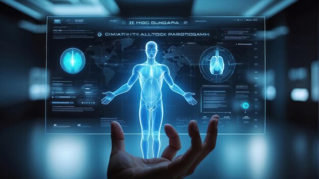 Foto mão do médico segurando uma tela digital de um holograma do corpo humano parâmetros e dados