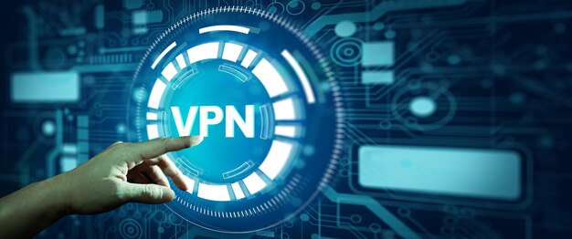 Mão do negócio com criptografia de privacidade de internet de segurança de rede VPN com fundo abstrato de tecnologia. Negócios, tecnologia, conceito de rede de Internet.