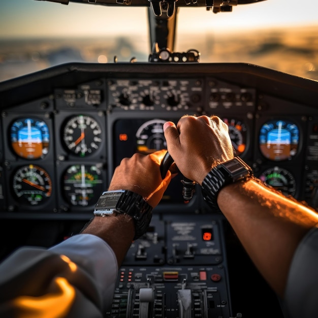 Foto mão do piloto nos controles de um avião com os instrumentos da cabine visíveis ao fundo