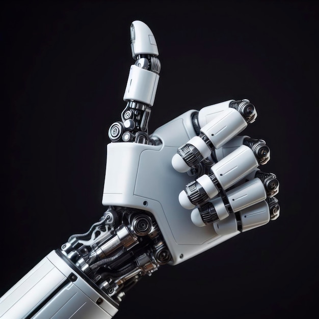 Mão do robô moderno mostrando o polegar para cima em fundo preto ai generativo