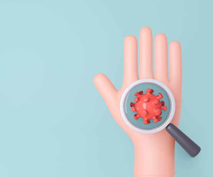 Foto mão dos desenhos animados 3d com célula de vírus de lupa sobre fundo azul. renderização de ilustração 3d.
