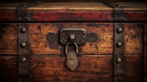 Mão e fechadura de uma velha mala de madeira