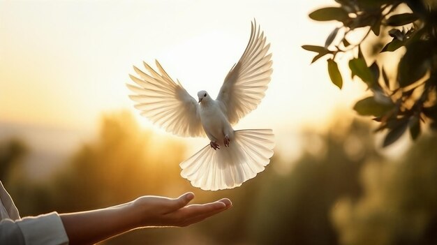 Foto mão e pomba conceito de liberdade e dia internacional da paz ia generativa