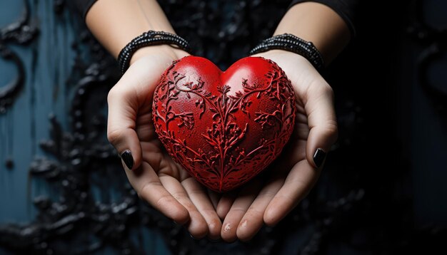 mão em fundo preto e branco segurando um coração vermelho