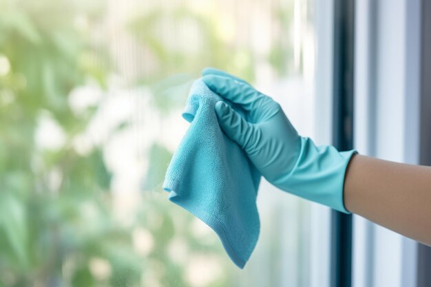 Foto mão em luva azul limpeza de janela com pano de microfibra em casa