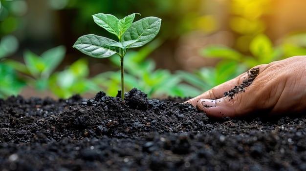 Mão em um monte de terra ao lado de uma pequena planta