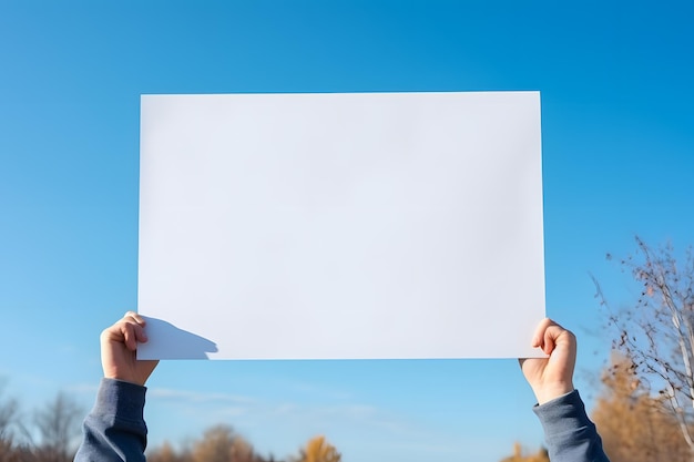 Mão erguida em papel de paisagem em branco contra o céu azul