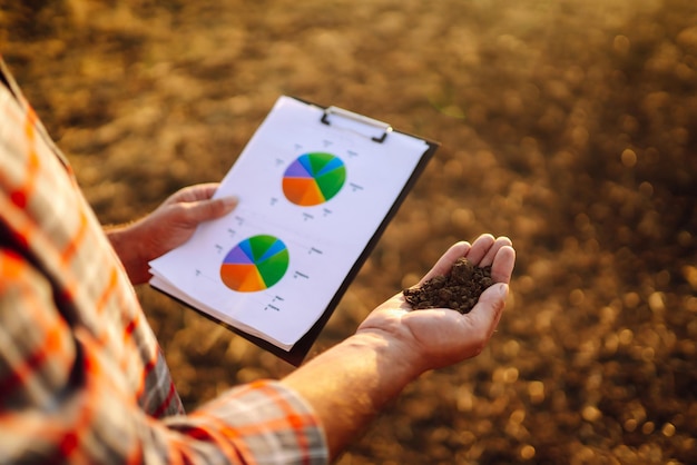 Foto mão especializada do agricultor verificando a saúde do solo antes do crescimento de uma semente de vegetal ou muda de planta