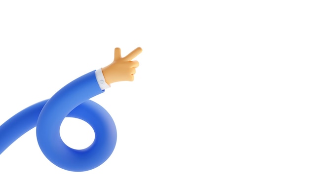 Mão espiral engraçada dos desenhos animados com o dedo indicador mostra pontos de direção para a frente Personagem masculino de braço flexível na manga azul tocando ou apontando algo isolado no fundo branco renderização 3d