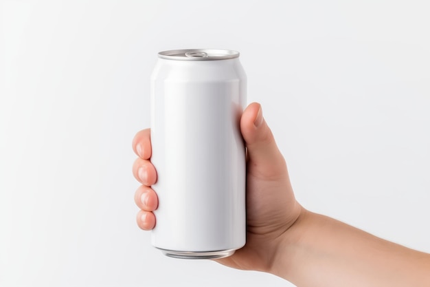 mão está segurando maquete de lata de refrigerante em fundo branco lata de refrigerante para design de maquete