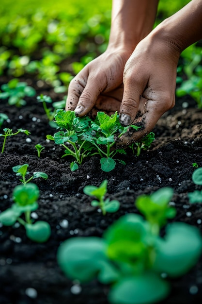 Foto mão está tirando planta verde da sujeira no jardim ia geradora