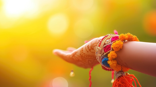 Foto mão estendida com uma tatuagem de henna tradicional ornamentada visível